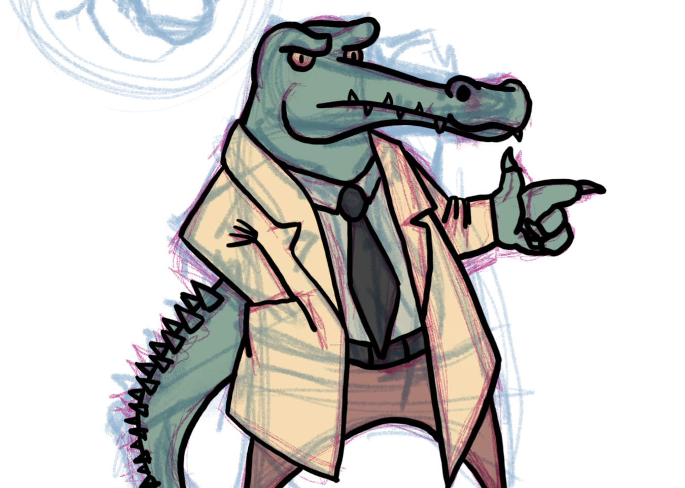 Sketch of a crocodile wearing a Lt. Columbo outfit and giving a thumbs-up