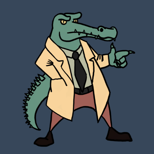 An illustration of a crocodile standing up, dressed up as Lt. Columbo (beige trenchcoat, brown pants, white shirt, black tie)