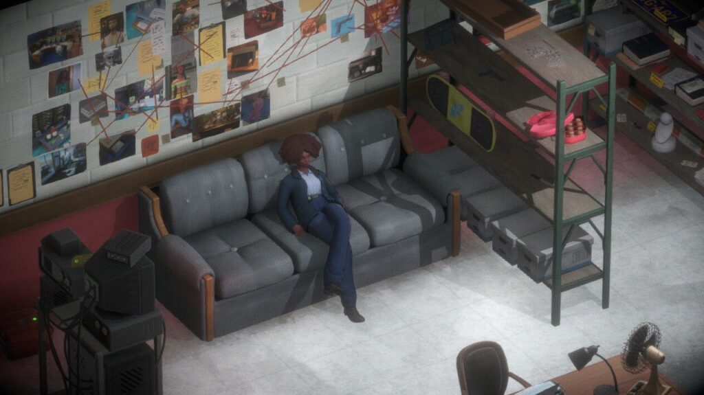 Screenshot of the game 'Murder Mystery Machine' showing a Black woman wearing a detective uniform, sitting on a couch. Behind her is an arrangement of case files on the wall, connected by red threads.