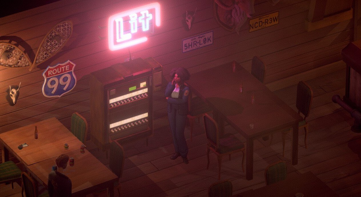 Screenshot of the game 'Murder Mystery Machine' showing a neon "LIT" sign hanging in a bar. Various memorabilia adorns the wall around the sign, including a license plate that reads 5HRL0K ("Sherlock"). A Black woman wearing a detective's uniform is crossing her arms.