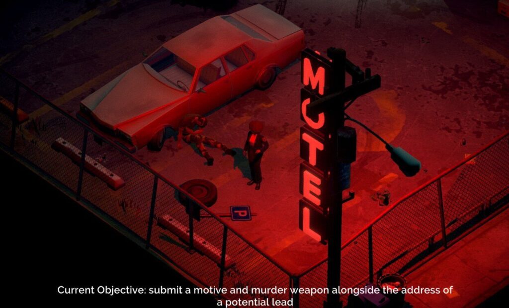 Screenshot of the game 'Murder Mystery Machine' showing a dimly-lit parking lot, illuminated by a red neon "Motel" sign. A detective is looking over a dead body next to a beat-up car.