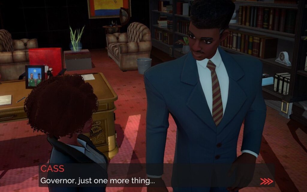 Screenshot of the game 'Murder Mystery Machine' showing two characters looking at each other. The subtitle shows that Cass, the detective, is saying "Governor, just one more thing"