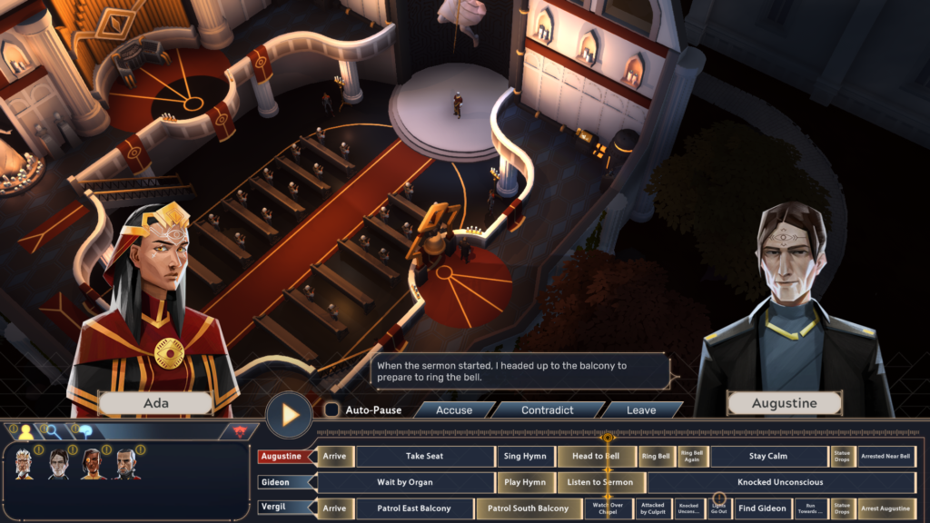 Screenshot from the game "Lucifer Within Us" showing a top-down, isometric-ish view of a church. At the bottom of the screen is the timeline view, with multiple tracks (one per character) and different events marked.